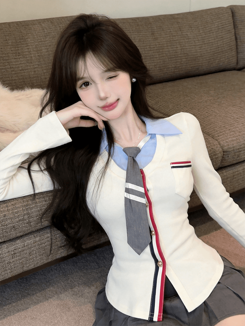 실사 가을 디자인 센스 POLO 칼라 패치워크 몸매 가꾸기 긴팔 불규칙 맨위 핫걸 페이크 레이어드 오픈 가디건 티셔츠 상세 이미지 5