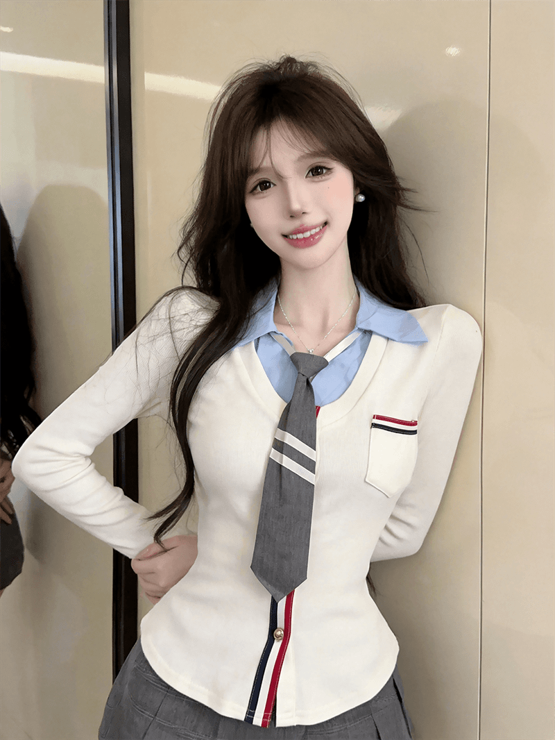 실사 가을 디자인 센스 POLO 칼라 패치워크 몸매 가꾸기 긴팔 불규칙 맨위 핫걸 페이크 레이어드 오픈 가디건 티셔츠 상세 이미지 6
