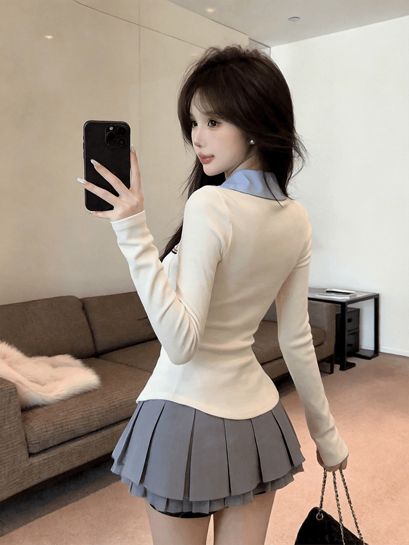 실사 가을 디자인 센스 POLO 칼라 패치워크 몸매 가꾸기 긴팔 불규칙 맨위 핫걸 페이크 레이어드 오픈 가디건 티셔츠 상세 이미지 7