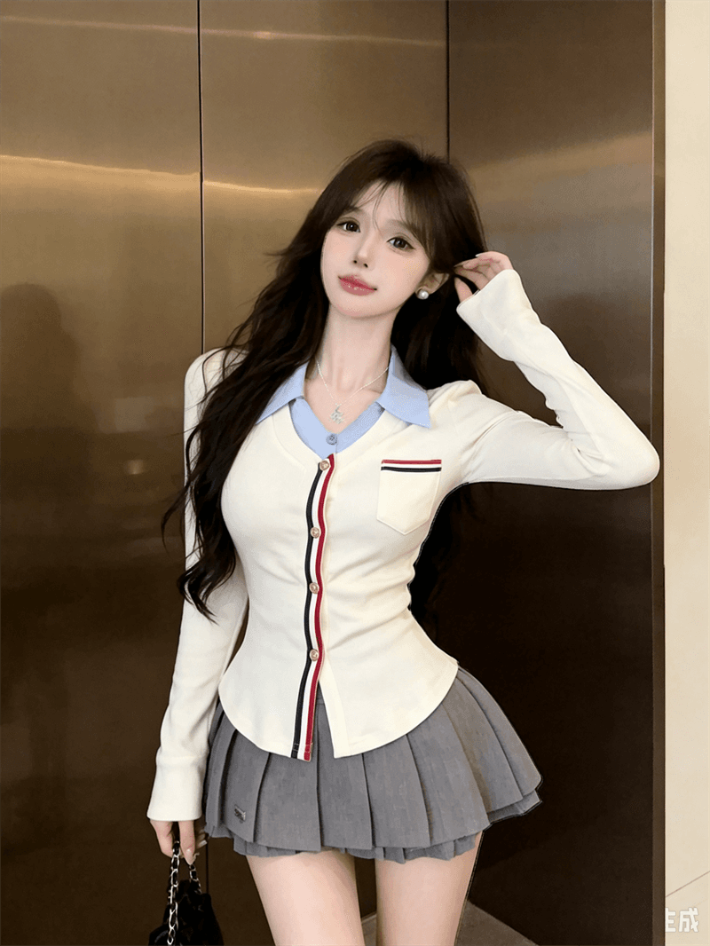 실사 가을 디자인 센스 POLO 칼라 패치워크 몸매 가꾸기 긴팔 불규칙 맨위 핫걸 페이크 레이어드 오픈 가디건 티셔츠 상세 이미지 8