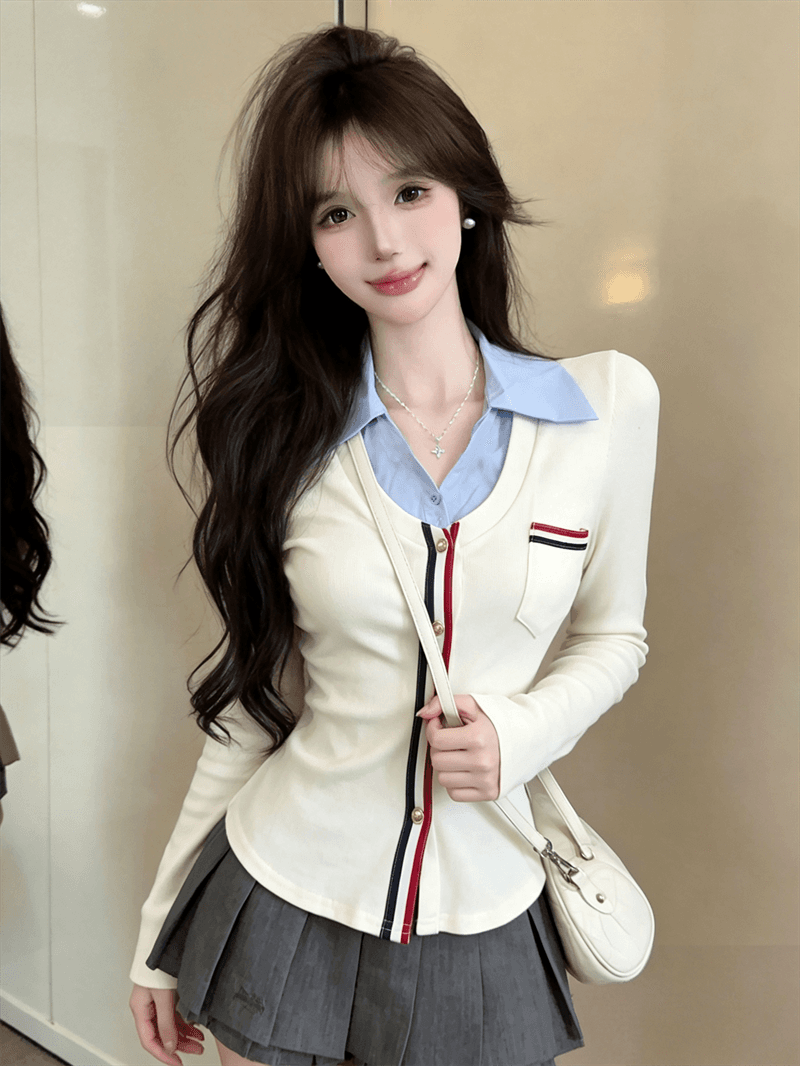 실사 가을 디자인 센스 POLO 칼라 패치워크 몸매 가꾸기 긴팔 불규칙 맨위 핫걸 페이크 레이어드 오픈 가디건 티셔츠 상세 이미지 9