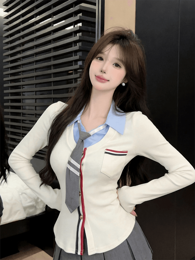 실사 가을 디자인 센스 POLO 칼라 패치워크 몸매 가꾸기 긴팔 불규칙 맨위 핫걸 페이크 레이어드 오픈 가디건 티셔츠 상세 이미지 11
