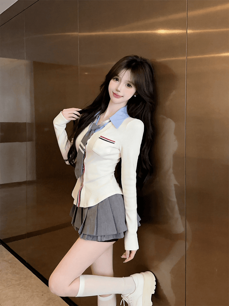 실사 가을 디자인 센스 POLO 칼라 패치워크 몸매 가꾸기 긴팔 불규칙 맨위 핫걸 페이크 레이어드 오픈 가디건 티셔츠 상세 이미지 13
