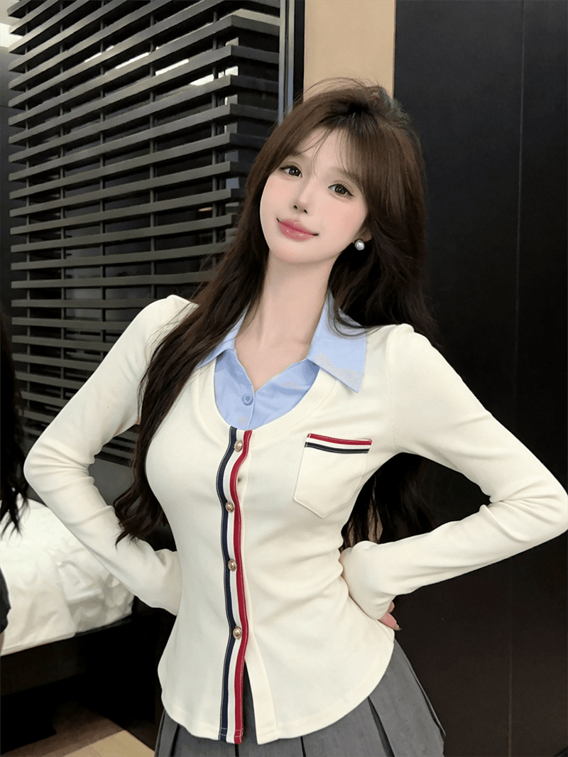 실사 가을 디자인 센스 POLO 칼라 패치워크 몸매 가꾸기 긴팔 불규칙 맨위 핫걸 페이크 레이어드 오픈 가디건 티셔츠 상세 이미지 14