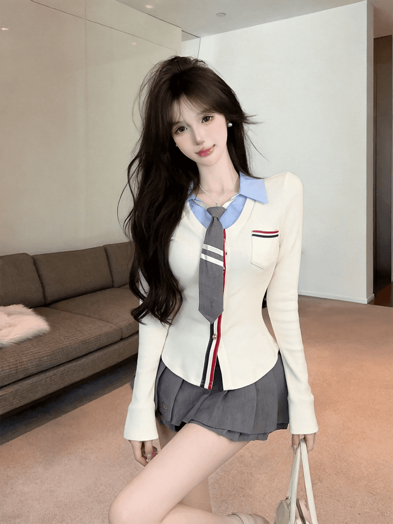 실사 가을 디자인 센스 POLO 칼라 패치워크 몸매 가꾸기 긴팔 불규칙 맨위 핫걸 페이크 레이어드 오픈 가디건 티셔츠 상세 이미지 15