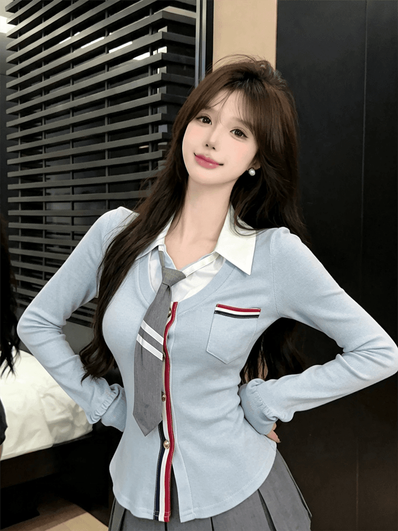 실사 가을 디자인 센스 POLO 칼라 패치워크 몸매 가꾸기 긴팔 불규칙 맨위 핫걸 페이크 레이어드 오픈 가디건 티셔츠 상세 이미지 17
