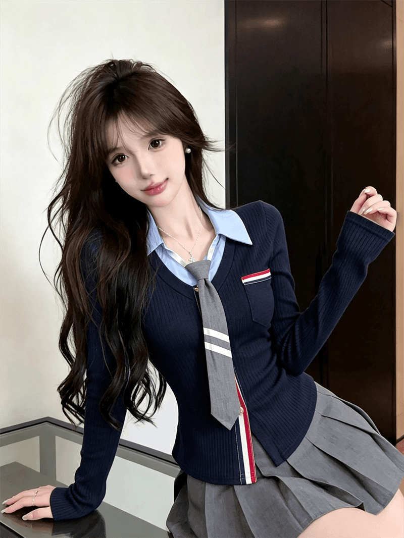 실사 가을 디자인 센스 POLO 칼라 패치워크 몸매 가꾸기 긴팔 불규칙 맨위 핫걸 페이크 레이어드 오픈 가디건 티셔츠 상세 이미지 19