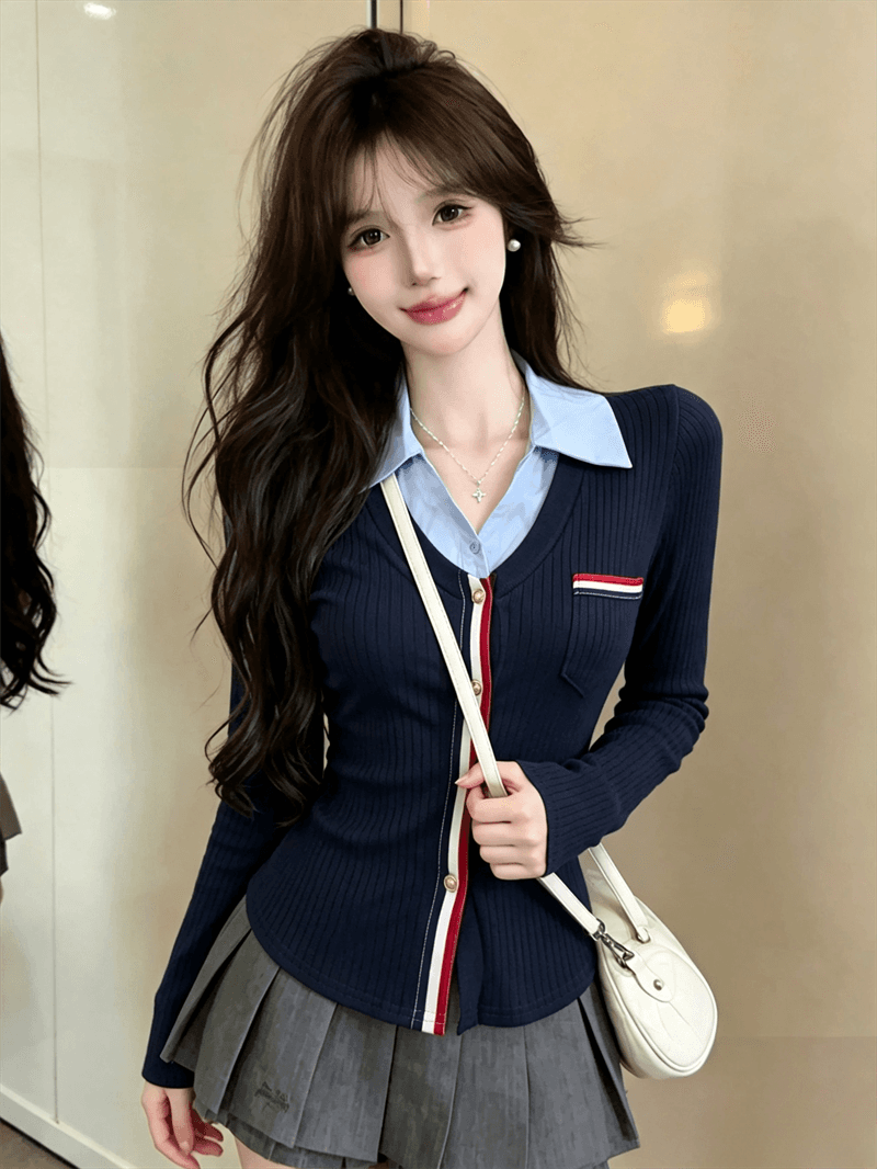 실사 가을 디자인 센스 POLO 칼라 패치워크 몸매 가꾸기 긴팔 불규칙 맨위 핫걸 페이크 레이어드 오픈 가디건 티셔츠 상세 이미지 20