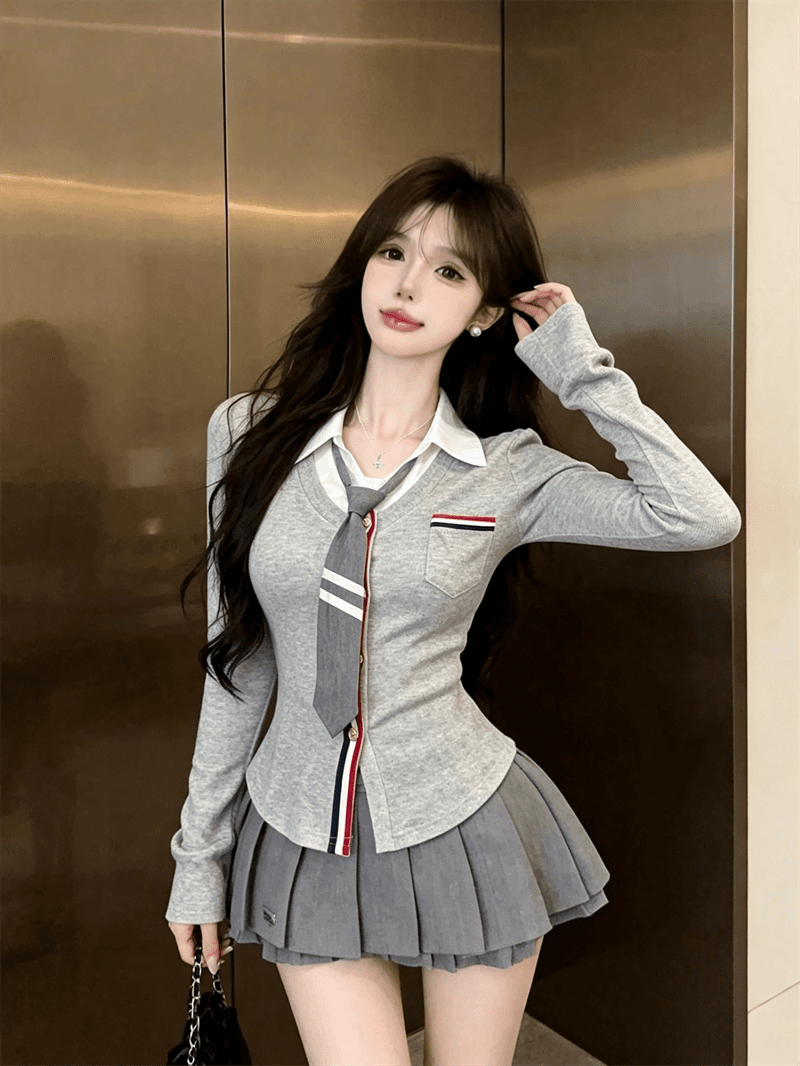실사 가을 디자인 센스 POLO 칼라 패치워크 몸매 가꾸기 긴팔 불규칙 맨위 핫걸 페이크 레이어드 오픈 가디건 티셔츠 상세 이미지 21
