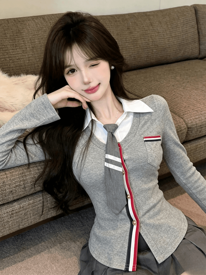 실사 가을 디자인 센스 POLO 칼라 패치워크 몸매 가꾸기 긴팔 불규칙 맨위 핫걸 페이크 레이어드 오픈 가디건 티셔츠 상세 이미지 22