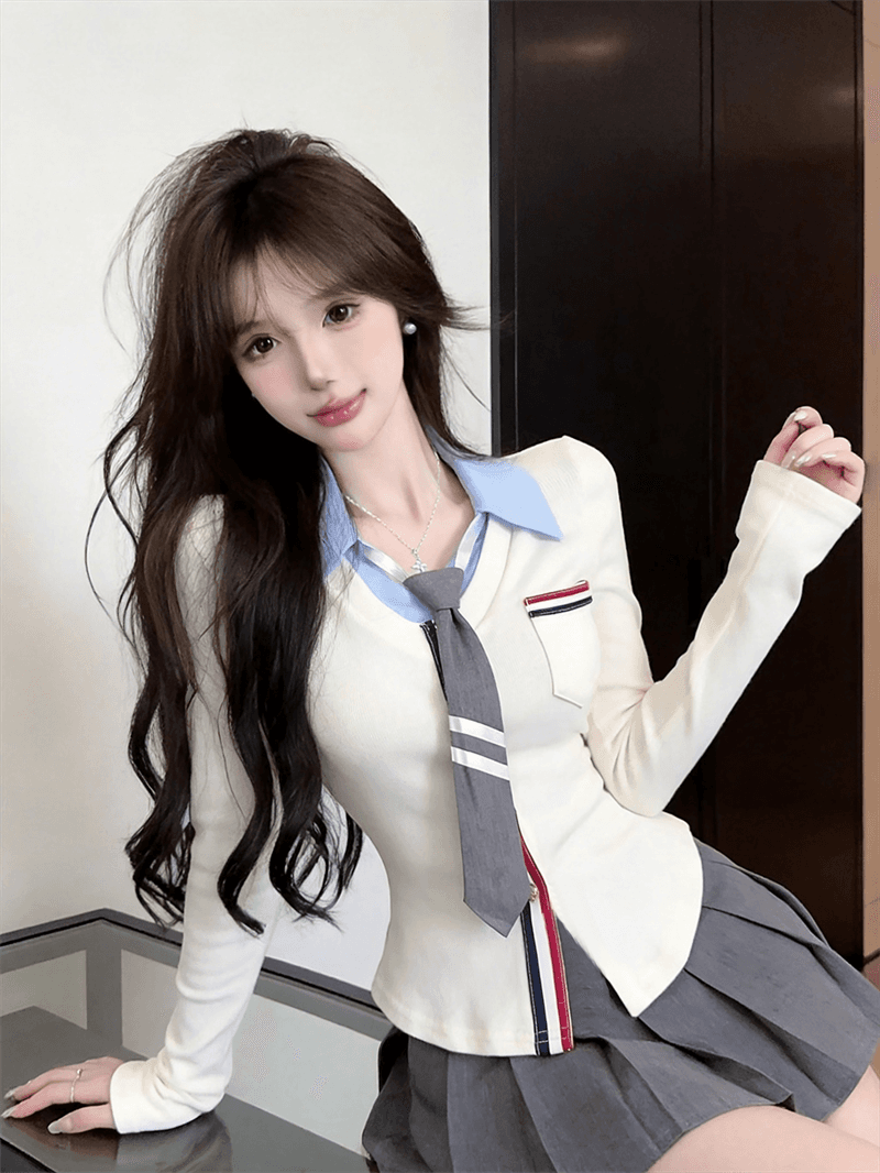실사 가을 디자인 센스 POLO 칼라 패치워크 몸매 가꾸기 긴팔 불규칙 맨위 핫걸 페이크 레이어드 오픈 가디건 티셔츠