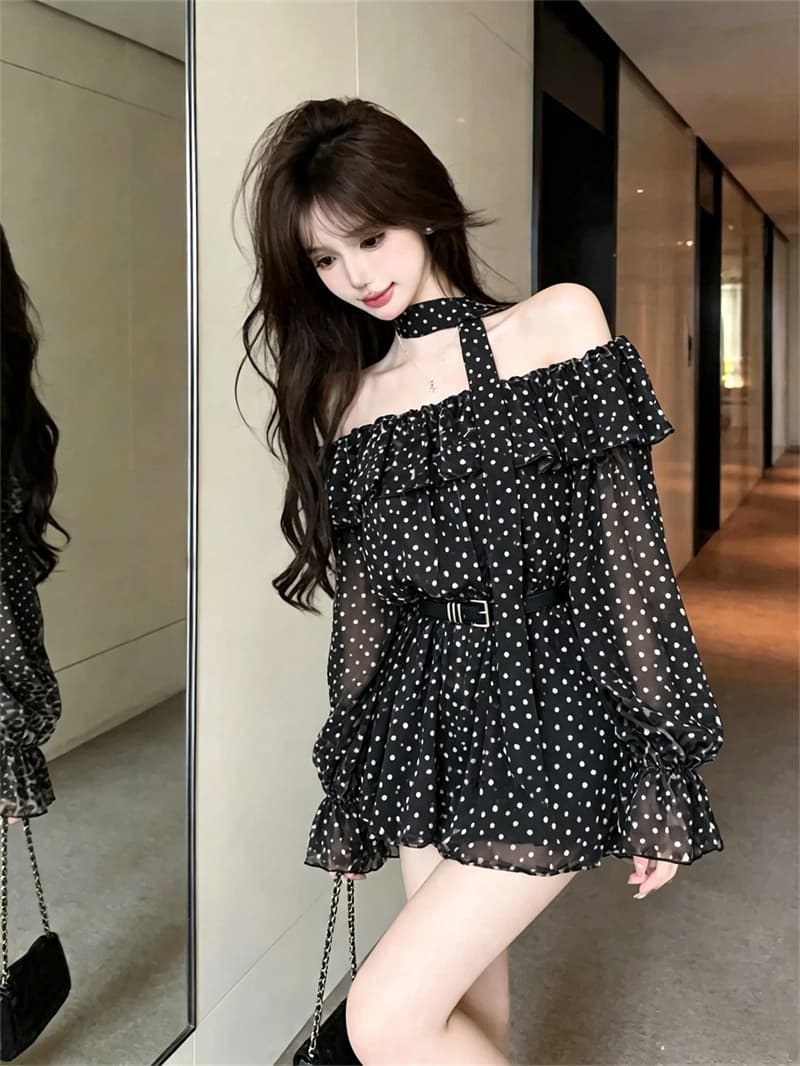 실사 봄 가을 프랑스식 보트넥 달콤함 허리 수축 스카프 중간 길이 티셔츠 순수한 욕망 바람 레오파드 무늬 긴팔 드레스