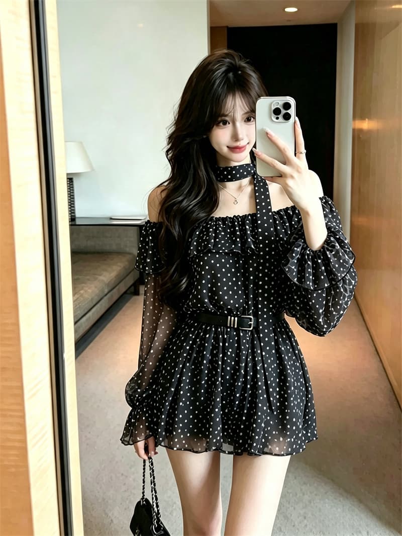 실사 봄 가을 프랑스식 보트넥 달콤함 허리 수축 스카프 중간 길이 티셔츠 순수한 욕망 바람 레오파드 무늬 긴팔 드레스 상세 이미지 3