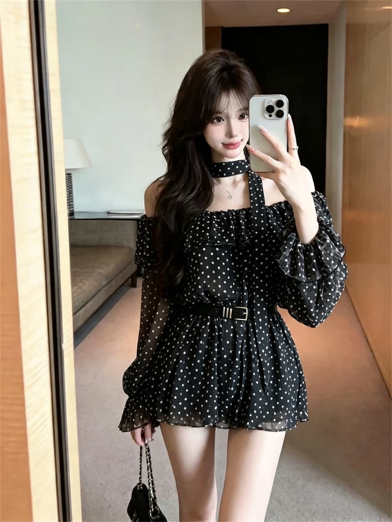 실사 봄 가을 프랑스식 보트넥 달콤함 허리 수축 스카프 중간 길이 티셔츠 순수한 욕망 바람 레오파드 무늬 긴팔 드레스 상세 이미지 4
