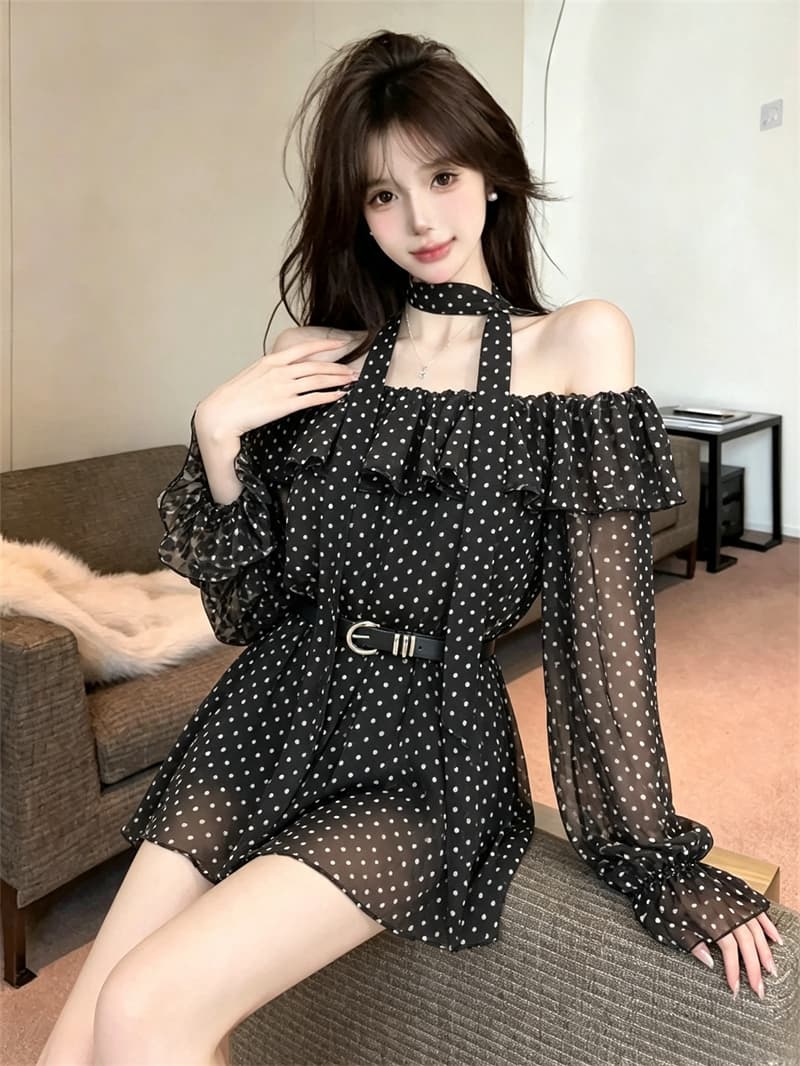 실사 봄 가을 프랑스식 보트넥 달콤함 허리 수축 스카프 중간 길이 티셔츠 순수한 욕망 바람 레오파드 무늬 긴팔 드레스 이미지 4