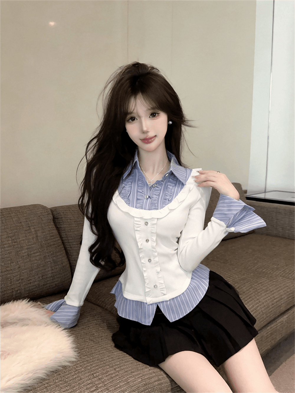 실사 가을 디자인 센스 POLO 칼라 패치워크 스트라이프 몸매 가꾸기 긴팔 벌룬 소매 달콤함 페이크 레이어드 풀오버 티셔츠