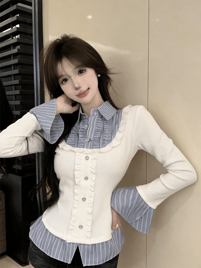 실사 가을 디자인 센스 POLO 칼라 패치워크 스트라이프 몸매 가꾸기 긴팔 벌룬 소매 달콤함 페이크 레이어드 풀오버 티셔츠 상세 이미지 1