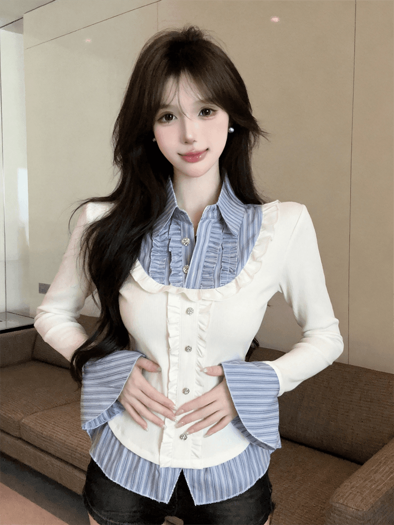 실사 가을 디자인 센스 POLO 칼라 패치워크 스트라이프 몸매 가꾸기 긴팔 벌룬 소매 달콤함 페이크 레이어드 풀오버 티셔츠 상세 이미지 2