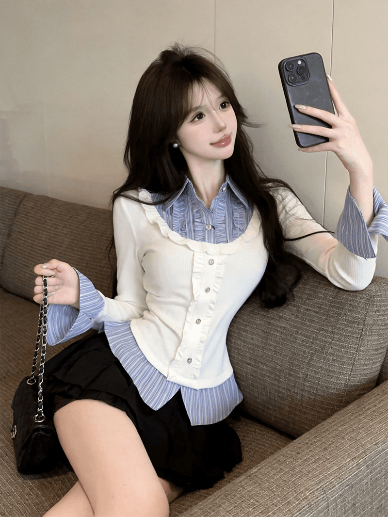 실사 가을 디자인 센스 POLO 칼라 패치워크 스트라이프 몸매 가꾸기 긴팔 벌룬 소매 달콤함 페이크 레이어드 풀오버 티셔츠 상세 이미지 4