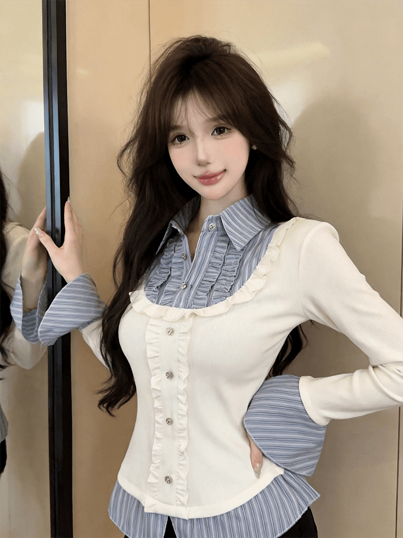 실사 가을 디자인 센스 POLO 칼라 패치워크 스트라이프 몸매 가꾸기 긴팔 벌룬 소매 달콤함 페이크 레이어드 풀오버 티셔츠 상세 이미지 7