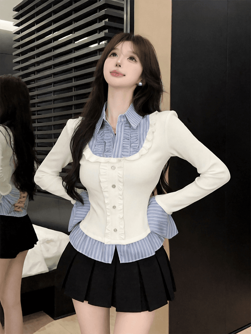 실사 가을 디자인 센스 POLO 칼라 패치워크 스트라이프 몸매 가꾸기 긴팔 벌룬 소매 달콤함 페이크 레이어드 풀오버 티셔츠 상세 이미지 9