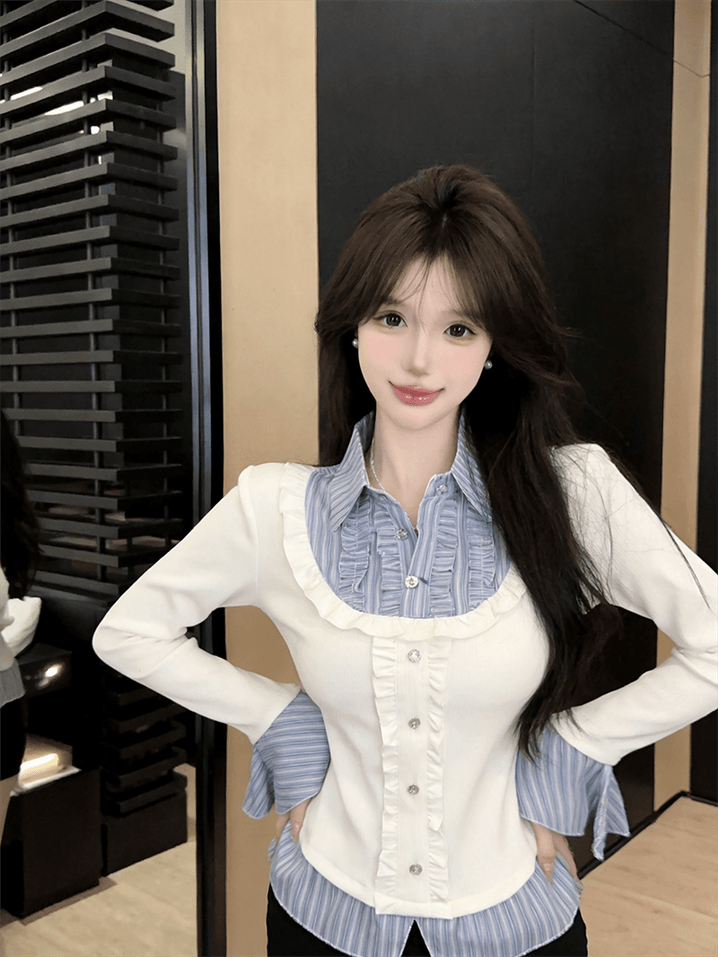실사 가을 디자인 센스 POLO 칼라 패치워크 스트라이프 몸매 가꾸기 긴팔 벌룬 소매 달콤함 페이크 레이어드 풀오버 티셔츠 상세 이미지 10
