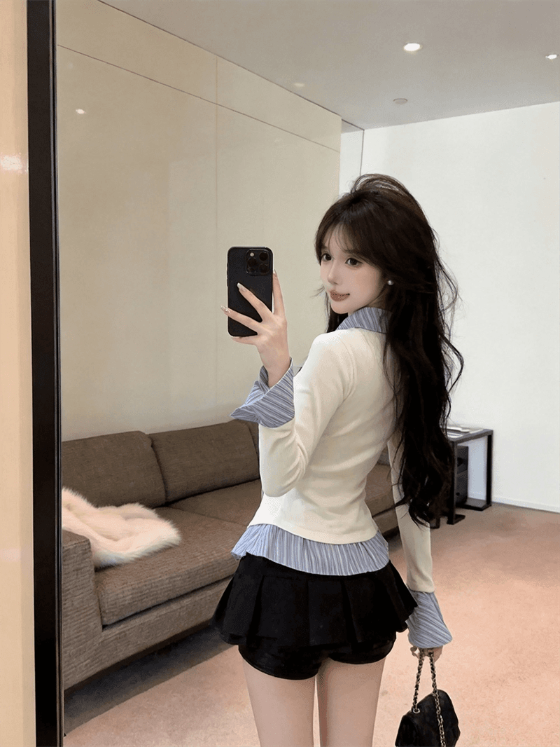 실사 가을 디자인 센스 POLO 칼라 패치워크 스트라이프 몸매 가꾸기 긴팔 벌룬 소매 달콤함 페이크 레이어드 풀오버 티셔츠 상세 이미지 11