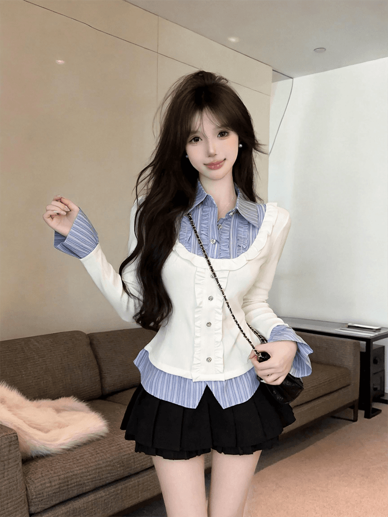 실사 가을 디자인 센스 POLO 칼라 패치워크 스트라이프 몸매 가꾸기 긴팔 벌룬 소매 달콤함 페이크 레이어드 풀오버 티셔츠 상세 이미지 12