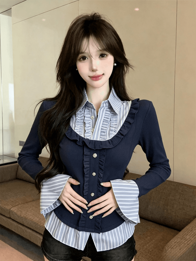 실사 가을 디자인 센스 POLO 칼라 패치워크 스트라이프 몸매 가꾸기 긴팔 벌룬 소매 달콤함 페이크 레이어드 풀오버 티셔츠 상세 이미지 16