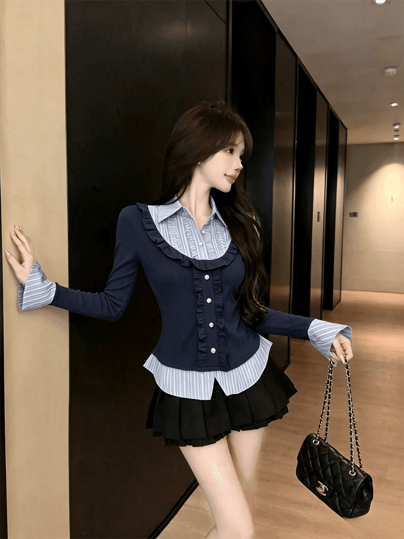 실사 가을 디자인 센스 POLO 칼라 패치워크 스트라이프 몸매 가꾸기 긴팔 벌룬 소매 달콤함 페이크 레이어드 풀오버 티셔츠 상세 이미지 17