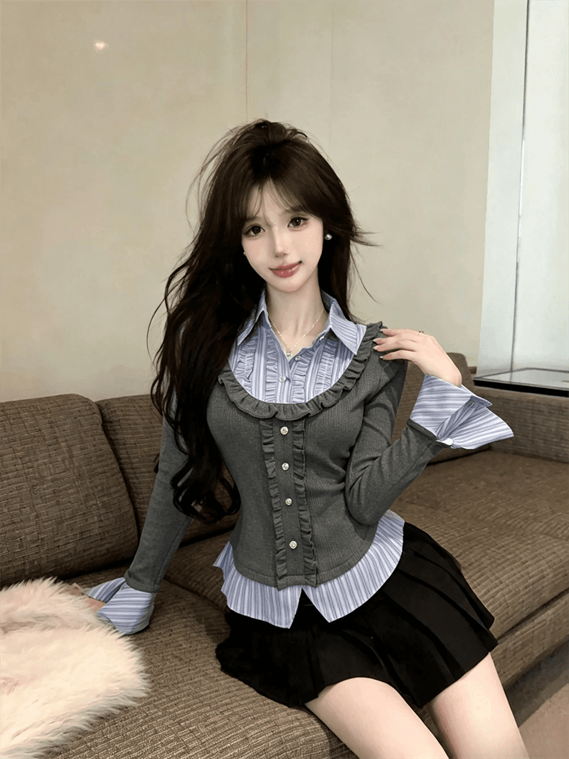 실사 가을 디자인 센스 POLO 칼라 패치워크 스트라이프 몸매 가꾸기 긴팔 벌룬 소매 달콤함 페이크 레이어드 풀오버 티셔츠 상세 이미지 19