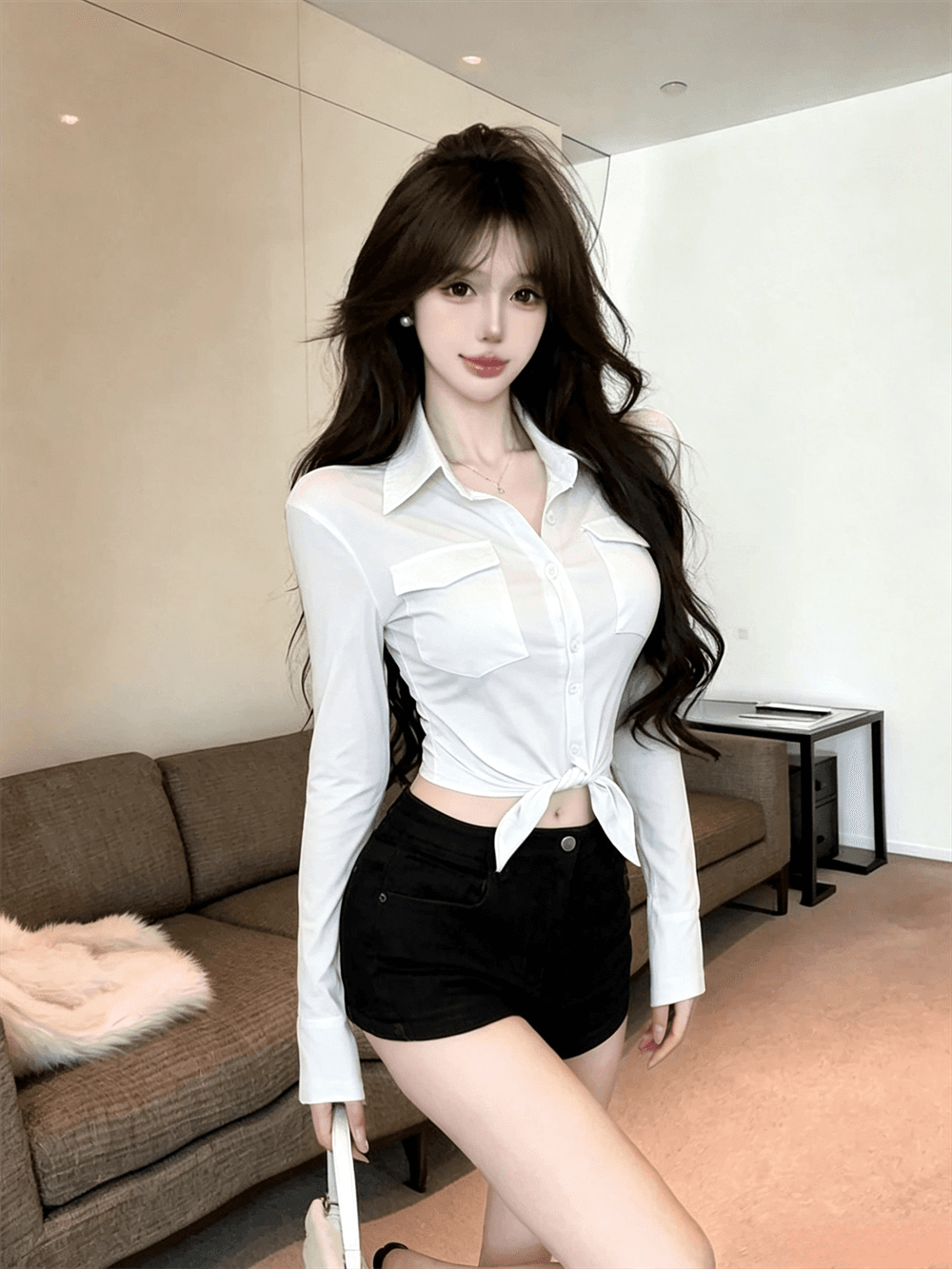 실사 봄 가을 POLO 칼라 면 신축성 디자인 센스 긴팔 수 있습니다. 중간 소매 티셔츠 몸매 가꾸기 핫걸 섹시함 쇼트 스타일 셔츠 이미지 2
