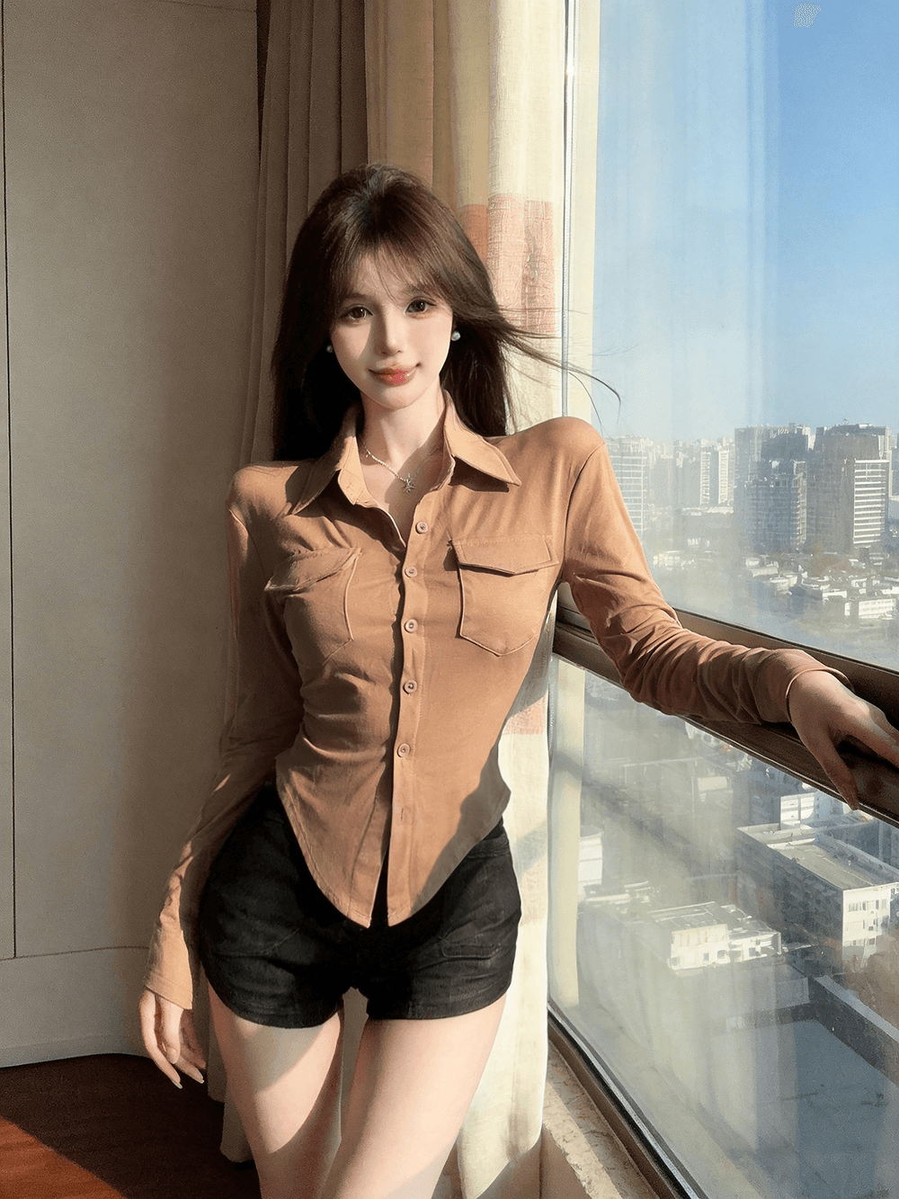 실사 봄 가을 POLO 칼라 면 신축성 디자인 센스 긴팔 수 있습니다. 중간 소매 티셔츠 몸매 가꾸기 핫걸 섹시함 쇼트 스타일 셔츠 이미지 4