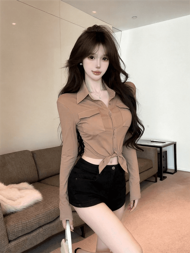 실사 봄 가을 POLO 칼라 면 신축성 디자인 센스 긴팔 수 있습니다. 중간 소매 티셔츠 몸매 가꾸기 핫걸 섹시함 쇼트 스타일 셔츠 상세 이미지 2