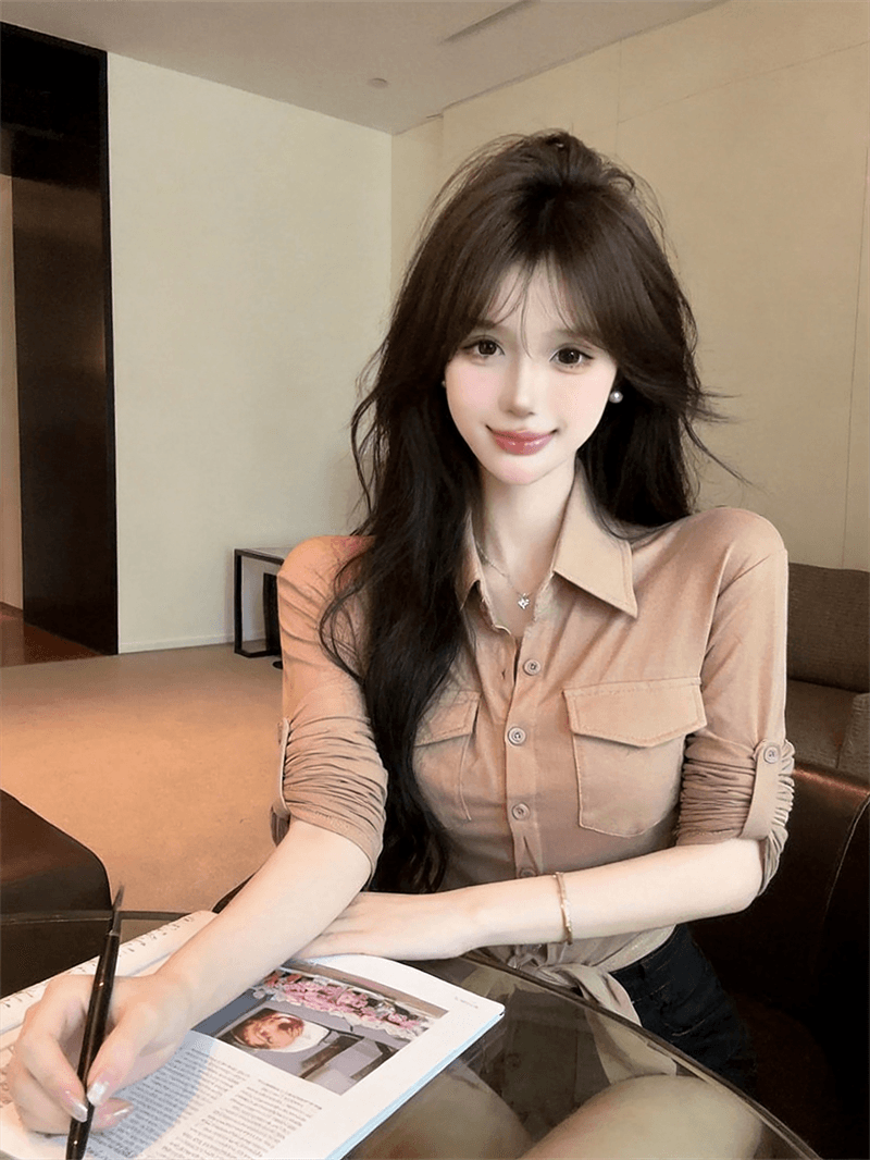 실사 봄 가을 POLO 칼라 면 신축성 디자인 센스 긴팔 수 있습니다. 중간 소매 티셔츠 몸매 가꾸기 핫걸 섹시함 쇼트 스타일 셔츠 상세 이미지 3