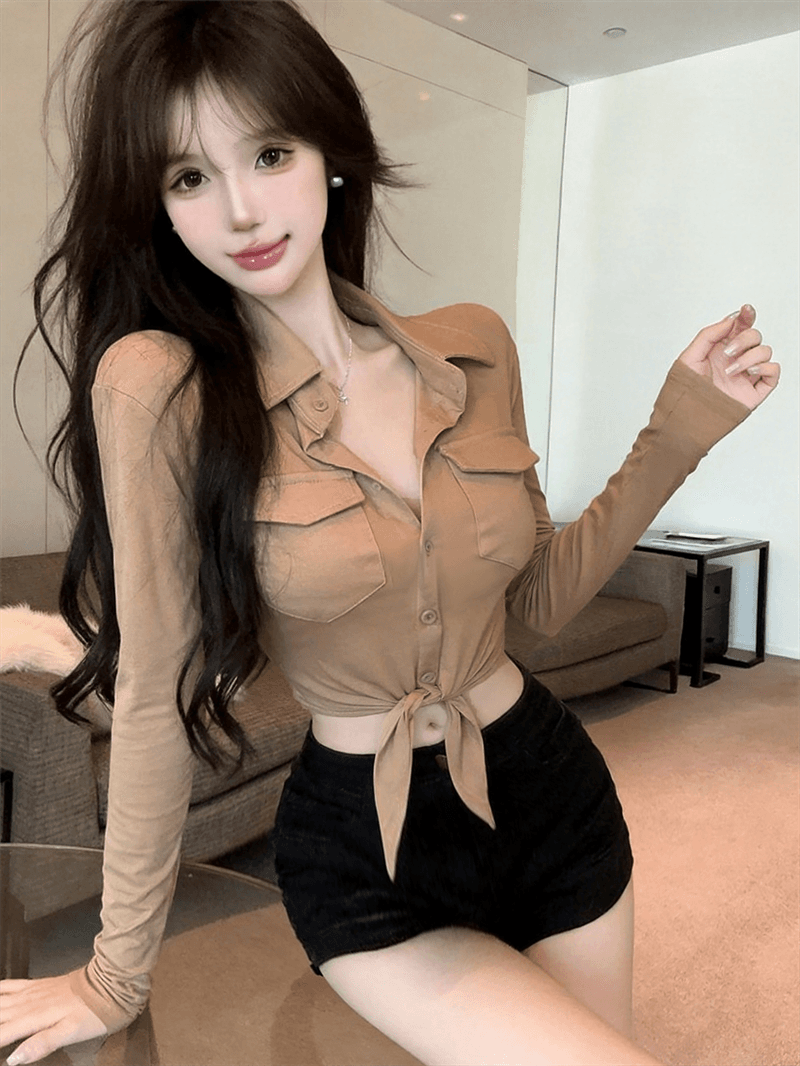 실사 봄 가을 POLO 칼라 면 신축성 디자인 센스 긴팔 수 있습니다. 중간 소매 티셔츠 몸매 가꾸기 핫걸 섹시함 쇼트 스타일 셔츠 상세 이미지 4