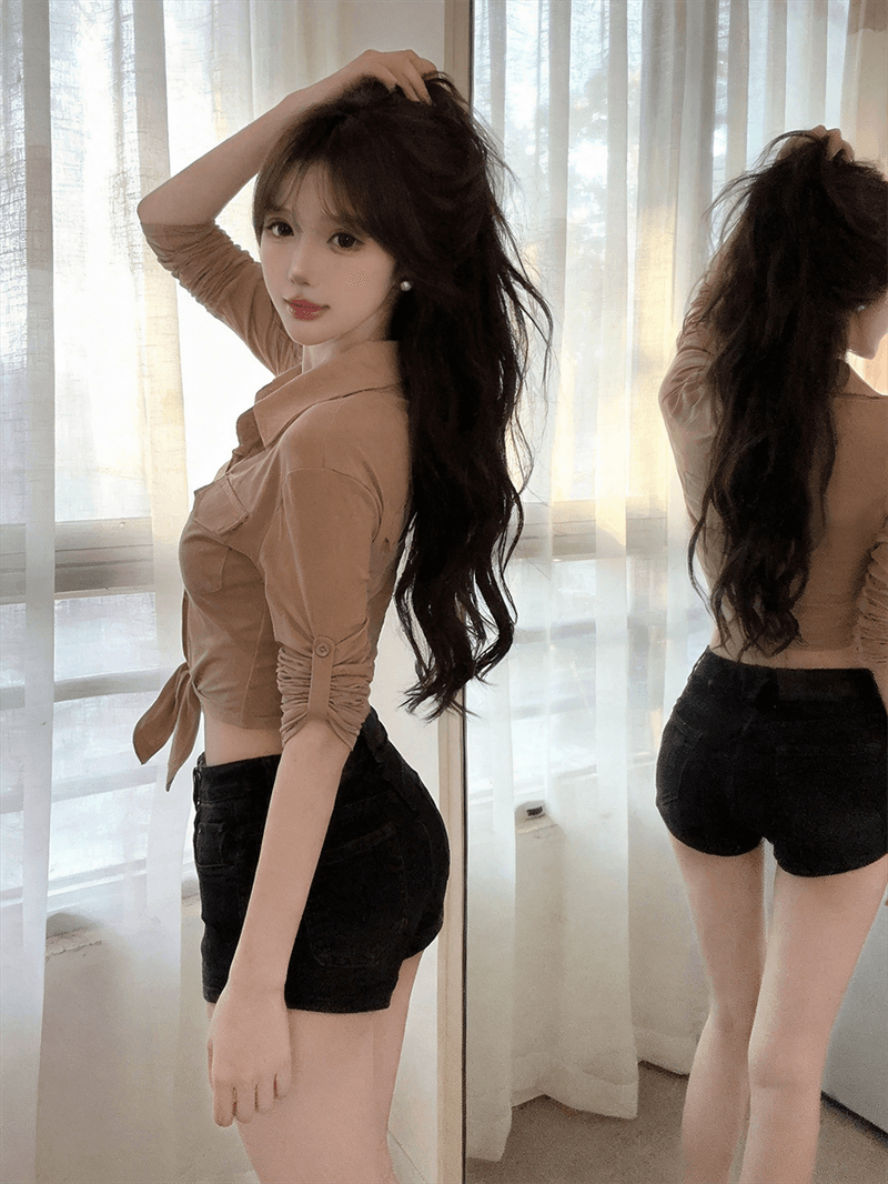 실사 봄 가을 POLO 칼라 면 신축성 디자인 센스 긴팔 수 있습니다. 중간 소매 티셔츠 몸매 가꾸기 핫걸 섹시함 쇼트 스타일 셔츠 상세 이미지 5