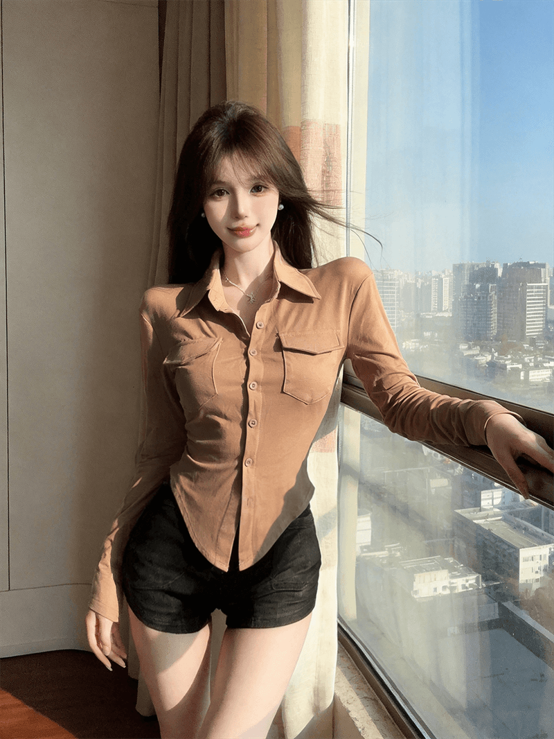 실사 봄 가을 POLO 칼라 면 신축성 디자인 센스 긴팔 수 있습니다. 중간 소매 티셔츠 몸매 가꾸기 핫걸 섹시함 쇼트 스타일 셔츠 상세 이미지 6