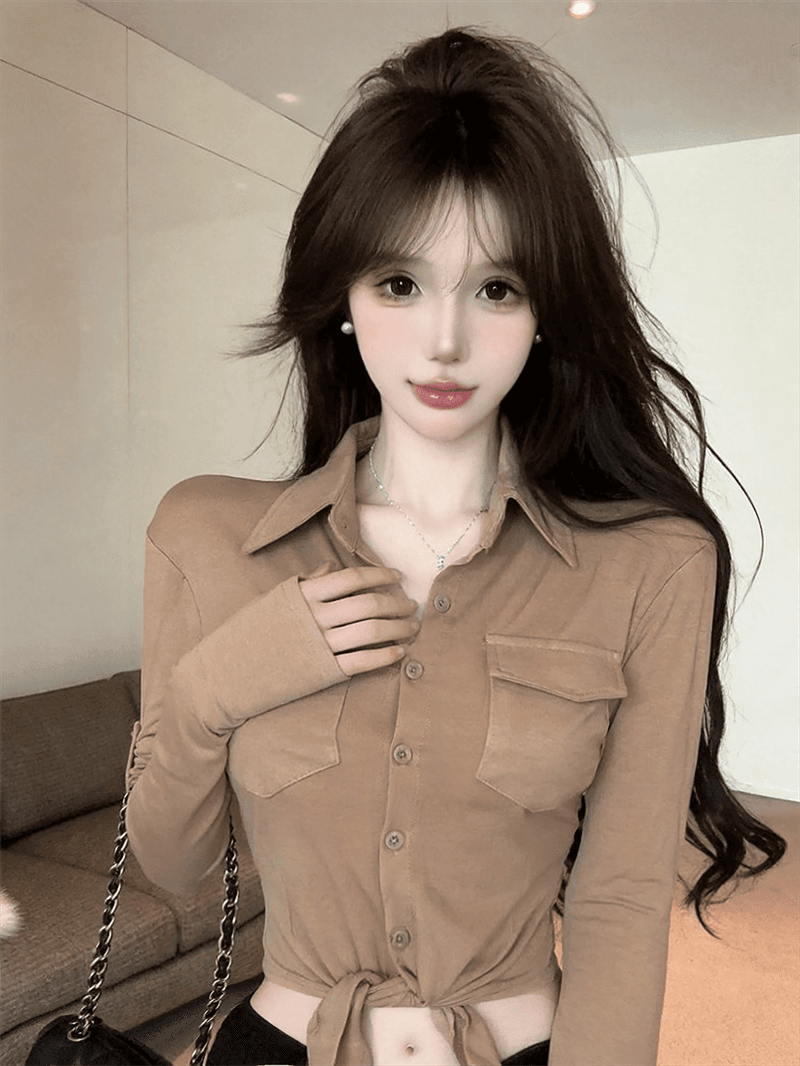 실사 봄 가을 POLO 칼라 면 신축성 디자인 센스 긴팔 수 있습니다. 중간 소매 티셔츠 몸매 가꾸기 핫걸 섹시함 쇼트 스타일 셔츠 상세 이미지 7