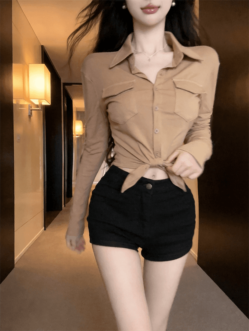 실사 봄 가을 POLO 칼라 면 신축성 디자인 센스 긴팔 수 있습니다. 중간 소매 티셔츠 몸매 가꾸기 핫걸 섹시함 쇼트 스타일 셔츠 상세 이미지 8