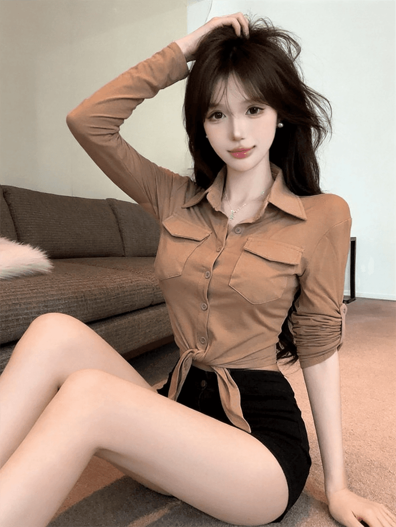 실사 봄 가을 POLO 칼라 면 신축성 디자인 센스 긴팔 수 있습니다. 중간 소매 티셔츠 몸매 가꾸기 핫걸 섹시함 쇼트 스타일 셔츠 상세 이미지 9