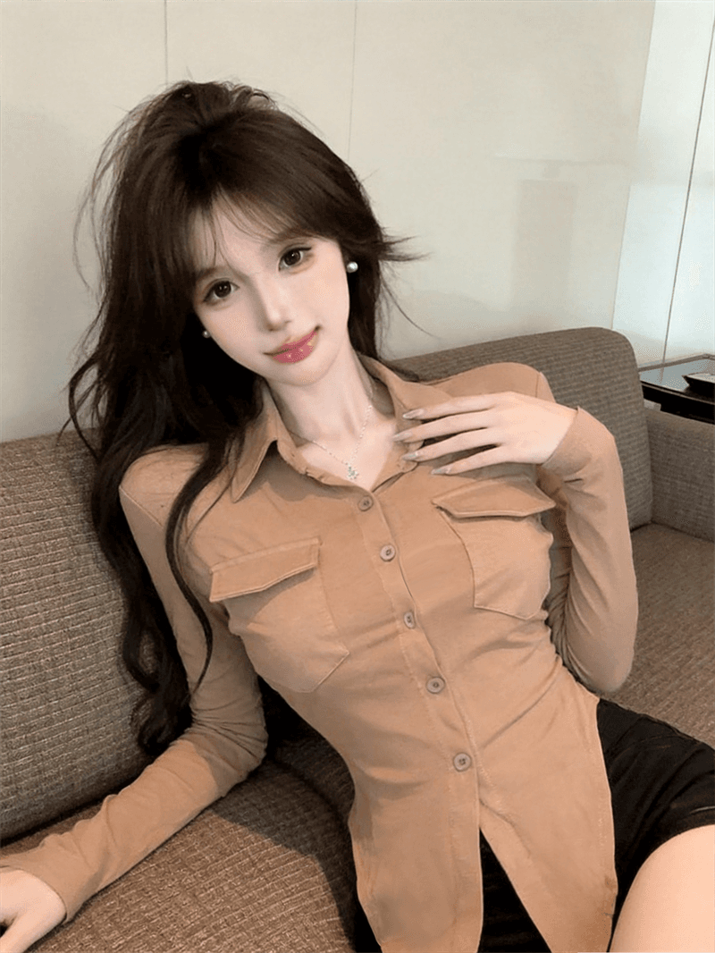 실사 봄 가을 POLO 칼라 면 신축성 디자인 센스 긴팔 수 있습니다. 중간 소매 티셔츠 몸매 가꾸기 핫걸 섹시함 쇼트 스타일 셔츠 상세 이미지 13