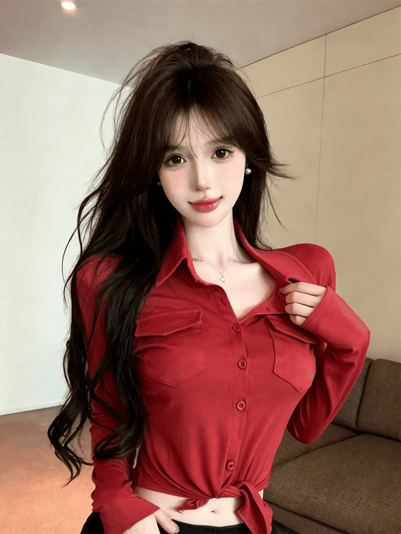 실사 봄 가을 POLO 칼라 면 신축성 디자인 센스 긴팔 수 있습니다. 중간 소매 티셔츠 몸매 가꾸기 핫걸 섹시함 쇼트 스타일 셔츠 상세 이미지 15