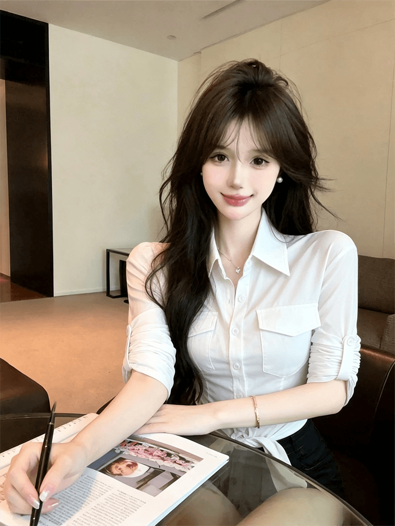 실사 봄 가을 POLO 칼라 면 신축성 디자인 센스 긴팔 수 있습니다. 중간 소매 티셔츠 몸매 가꾸기 핫걸 섹시함 쇼트 스타일 셔츠 상세 이미지 16
