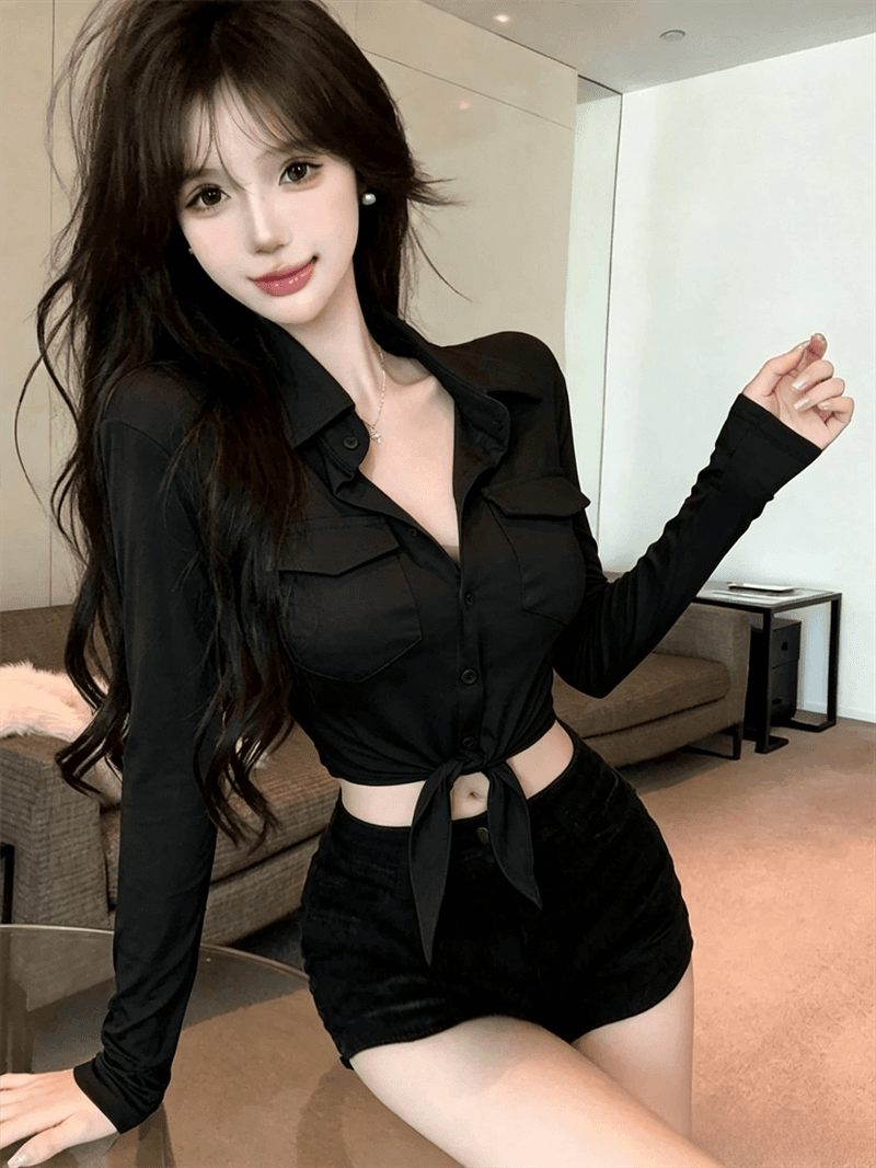 실사 봄 가을 POLO 칼라 면 신축성 디자인 센스 긴팔 수 있습니다. 중간 소매 티셔츠 몸매 가꾸기 핫걸 섹시함 쇼트 스타일 셔츠 상세 이미지 20