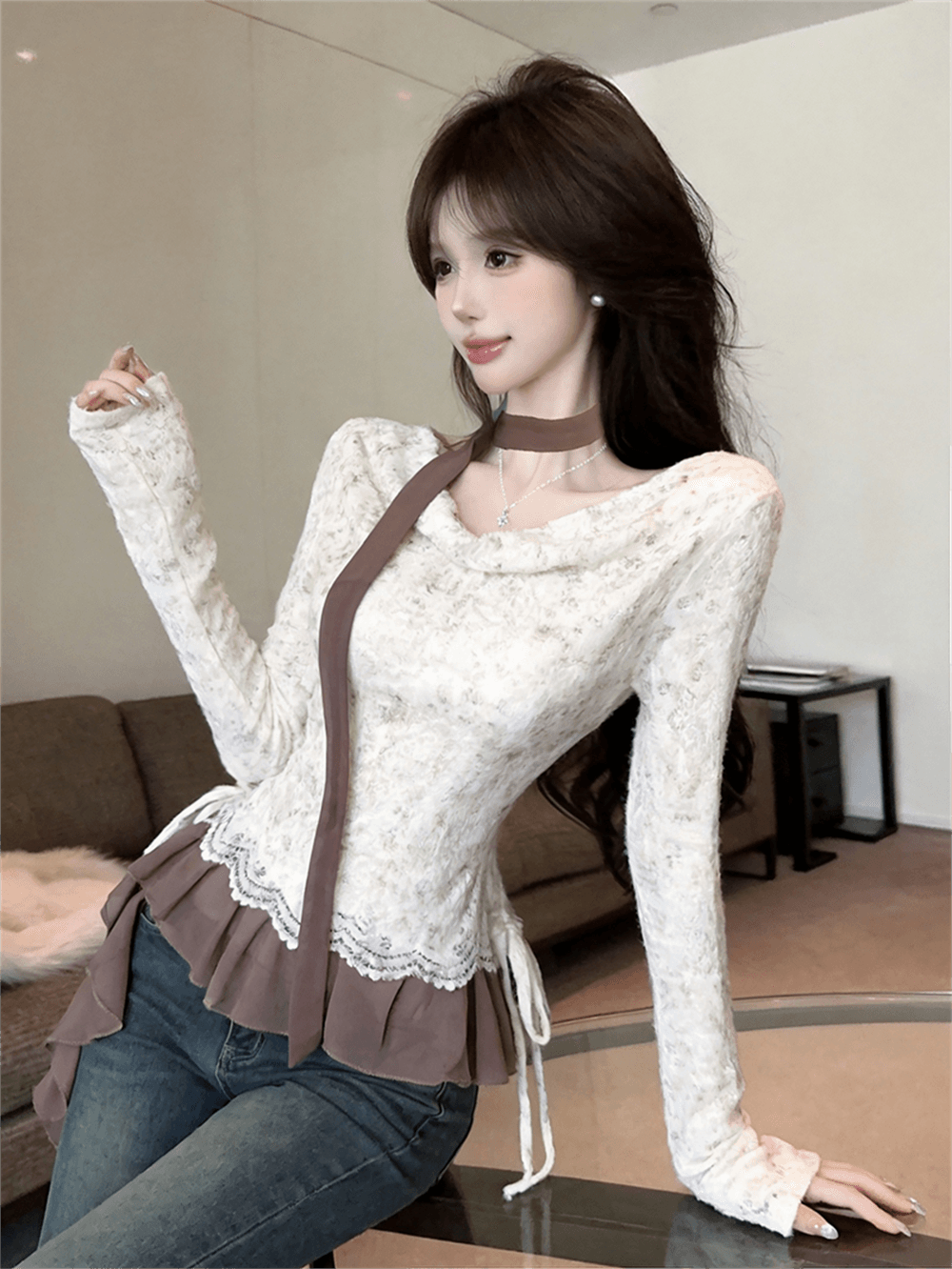 실사 가을 프랑스식 흔들다 칼라 패치워크 쉬폰 긴팔 페이크 레이어드 레이스업 순수한 욕망 바람 리본 핫걸 풀오버 티셔츠 이미지 2