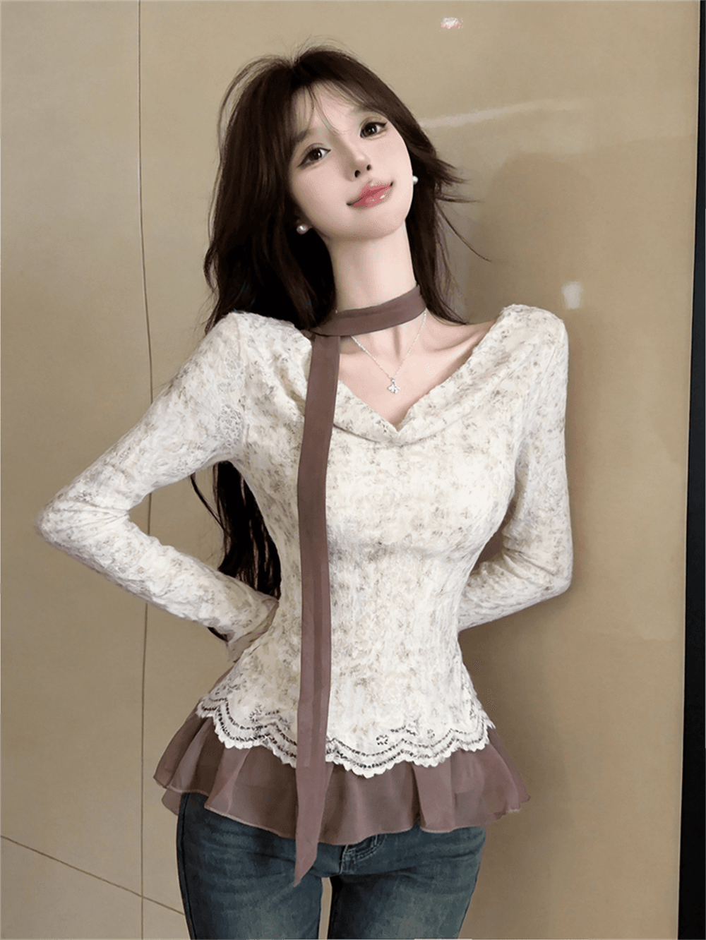 실사 가을 프랑스식 흔들다 칼라 패치워크 쉬폰 긴팔 페이크 레이어드 레이스업 순수한 욕망 바람 리본 핫걸 풀오버 티셔츠 이미지 4