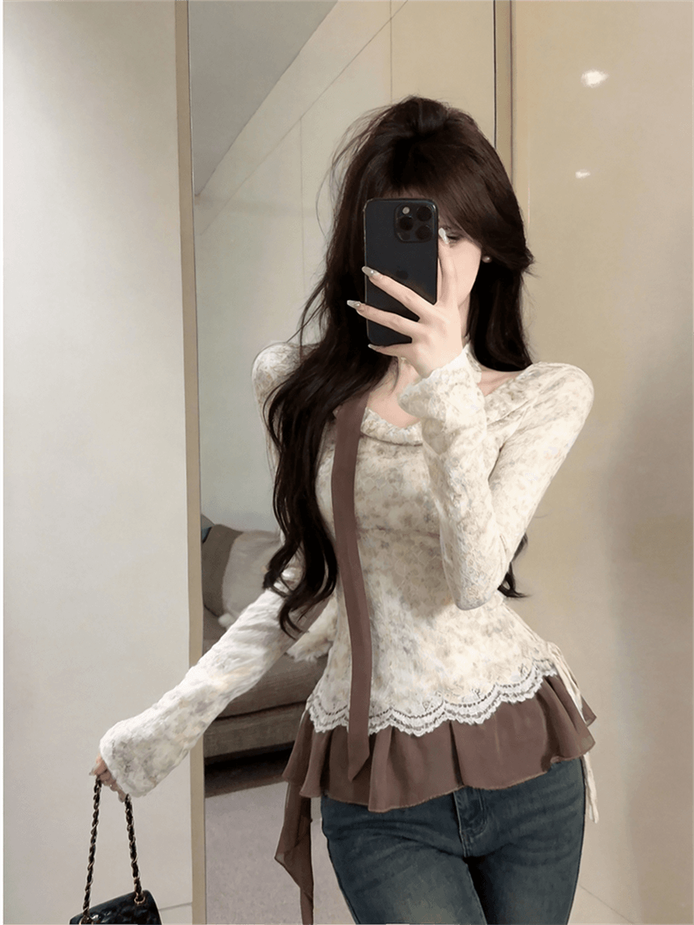 실사 가을 프랑스식 흔들다 칼라 패치워크 쉬폰 긴팔 페이크 레이어드 레이스업 순수한 욕망 바람 리본 핫걸 풀오버 티셔츠