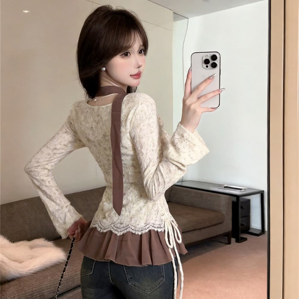 실사 가을 프랑스식 흔들다 칼라 패치워크 쉬폰 긴팔 페이크 레이어드 레이스업 순수한 욕망 바람 리본 핫걸 풀오버 티셔츠 이미지 5