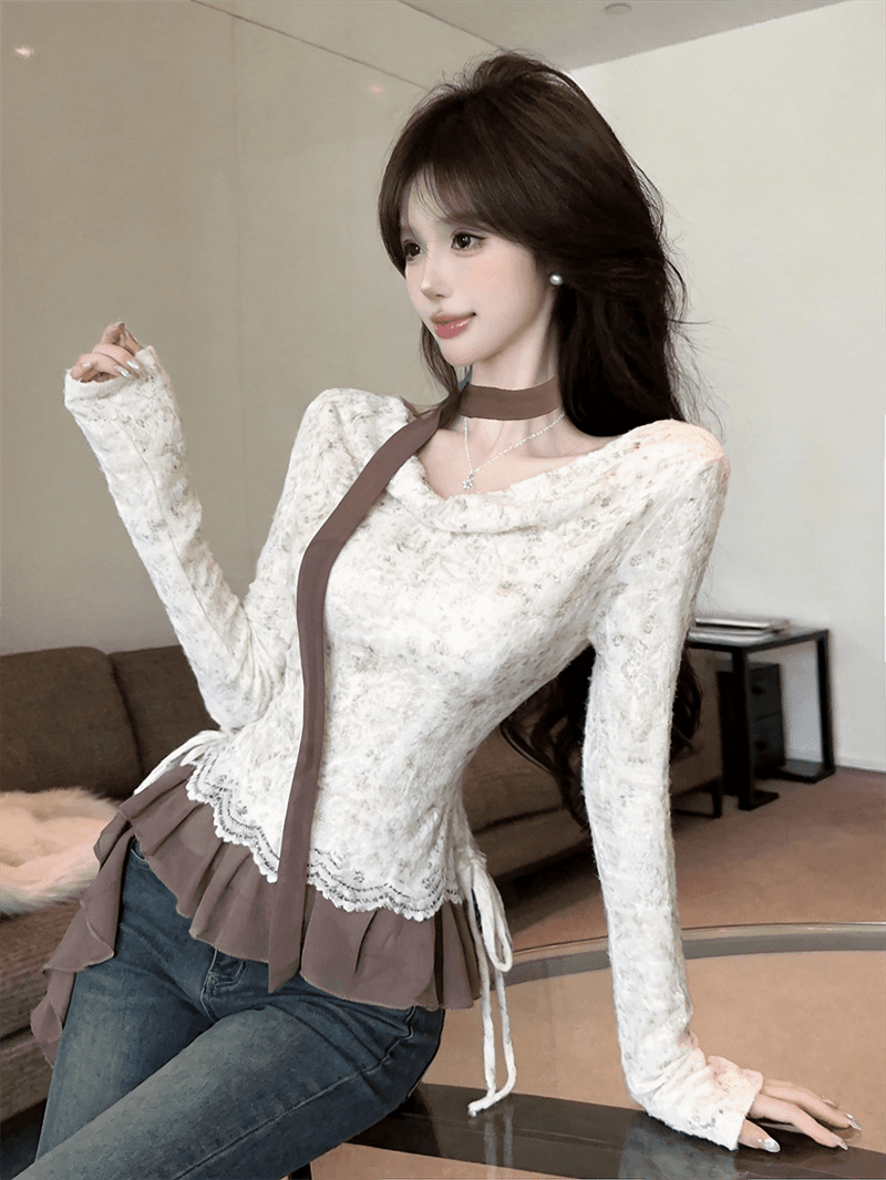 실사 가을 프랑스식 흔들다 칼라 패치워크 쉬폰 긴팔 페이크 레이어드 레이스업 순수한 욕망 바람 리본 핫걸 풀오버 티셔츠 상세 이미지 1